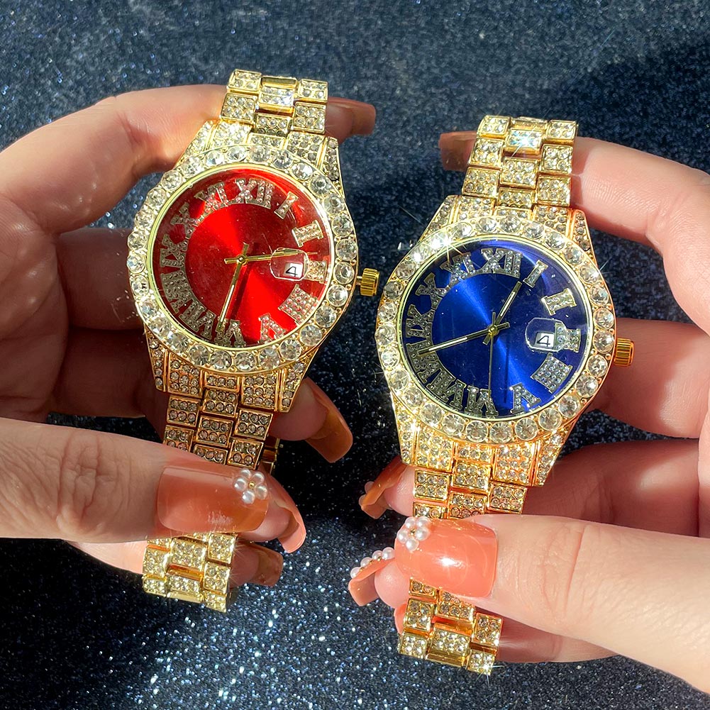 14MM Cuban Link Chain, Bracelet, Red Face Watch - Gold