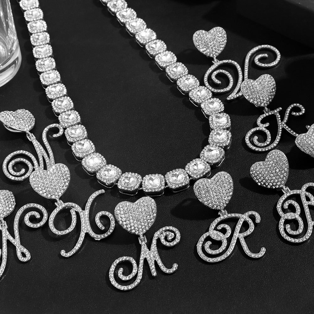 Cursive Letter Pendant Micro Tennis Cluster Chain - Silver